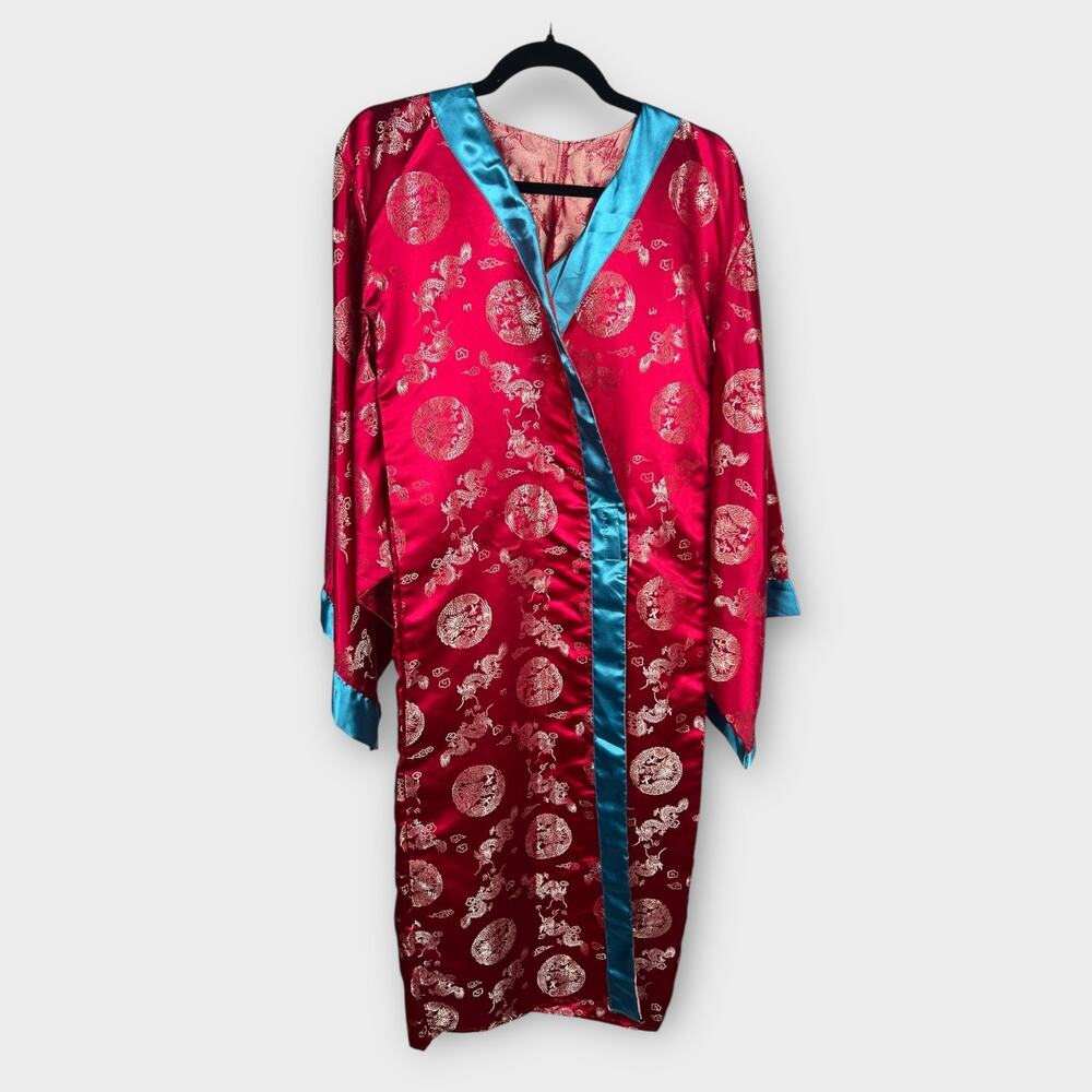 Costume Express Japanese Kimono Red Gold & Blue‎ Silky Robe Women's Size Small